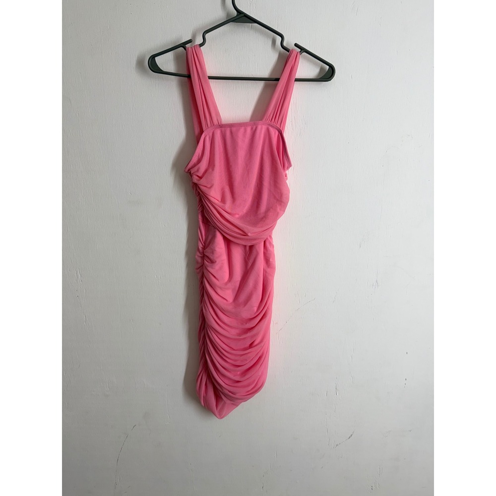 SHEIN Pink Ruched Bodycon Mini Dress Square Neck Sleeveless Mesh Party Size XS 2